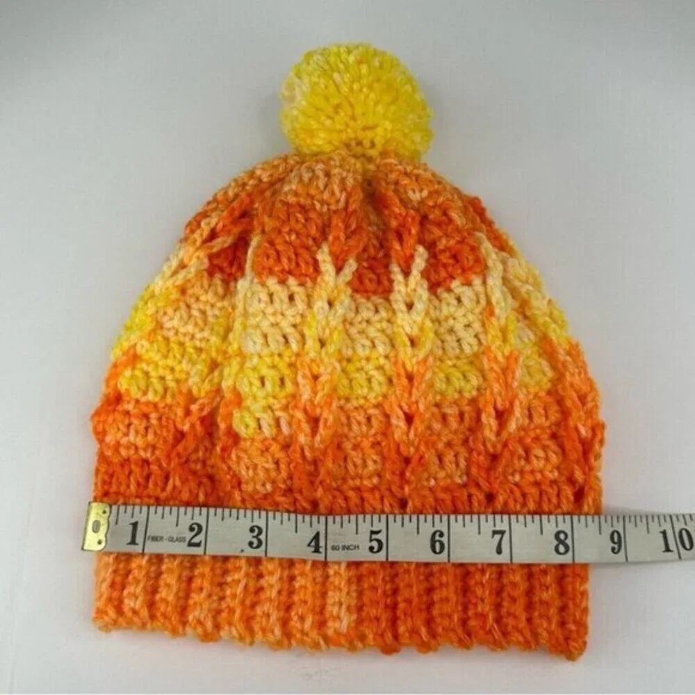 Created By Cyd Crochet Beanie Orange Yellow Gradient Pom Pom Cable Knit Hat NEW